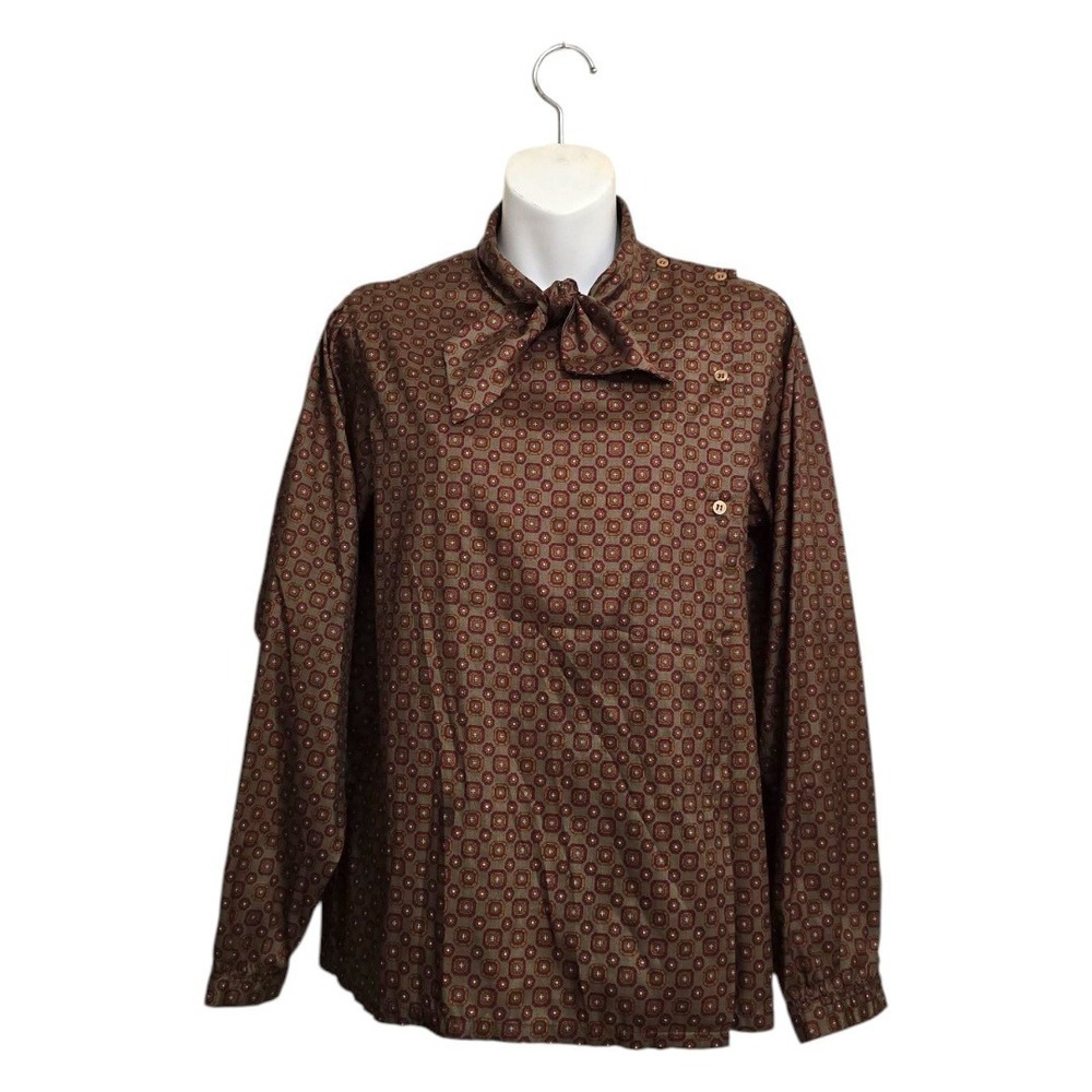 Weathervane Vintage 70s Neck Bow Medallion Print Long Sleeve Blouse Sz 10